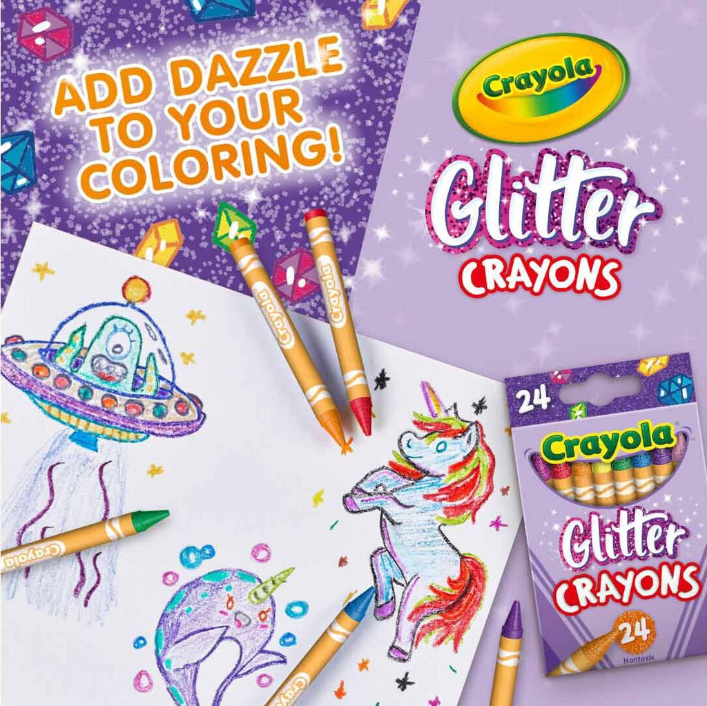 24 Count Glitter Crayons by Crayola with sparkly pigments for adding shimmer to artwork and coloring projects