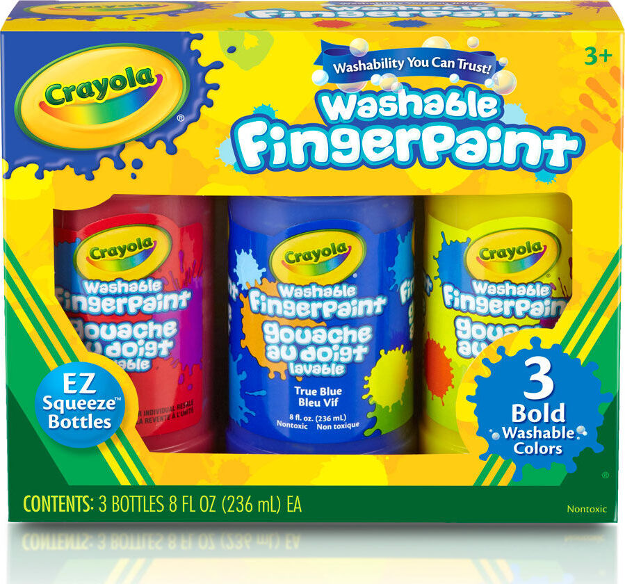 Crayola 3-count washable fingerpaint set in bold primary colors for mess-free creative play