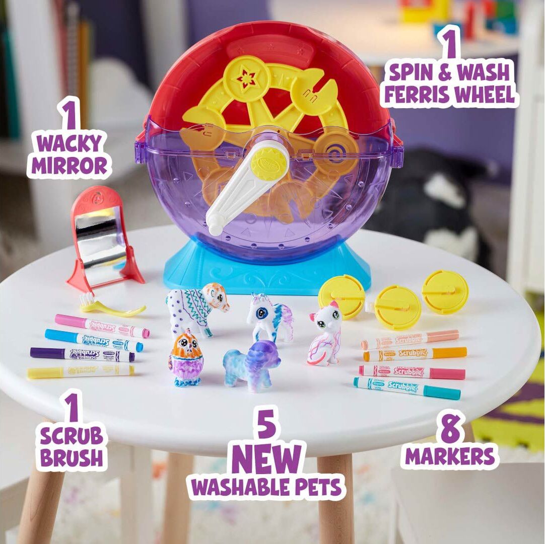 Crayola Scribble Scrubbie Pets carnival playset with ferris wheel, washable pet figures, and markers