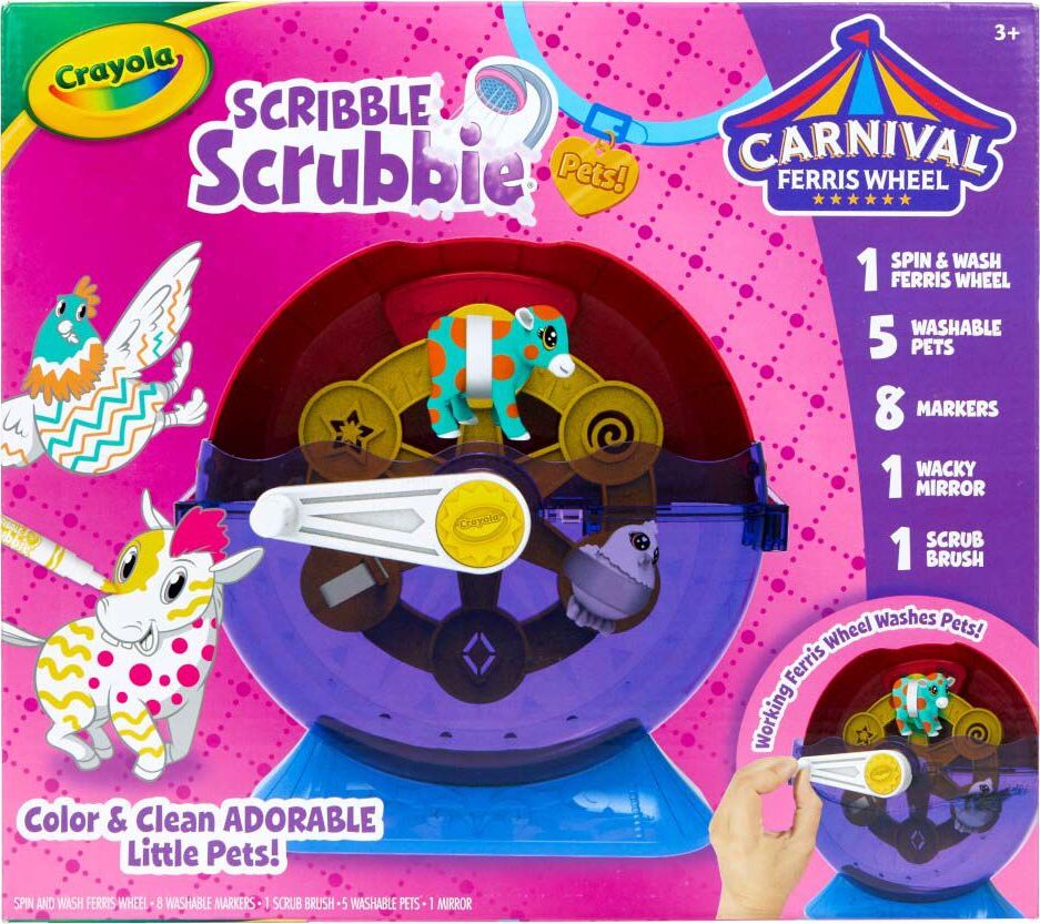 Crayola Scribble Scrubbie Pets carnival playset with ferris wheel, washable pet figures, and markers