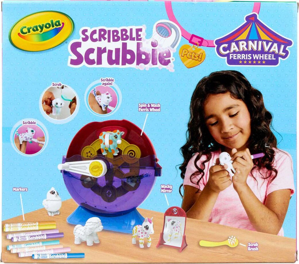 Crayola Scribble Scrubbie Pets carnival playset with ferris wheel, washable pet figures, and markers