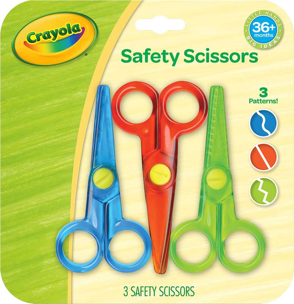 3 Count Safety Scissors with different cutting edges including straight, wavy, and zigzag for safe creative cutting activities