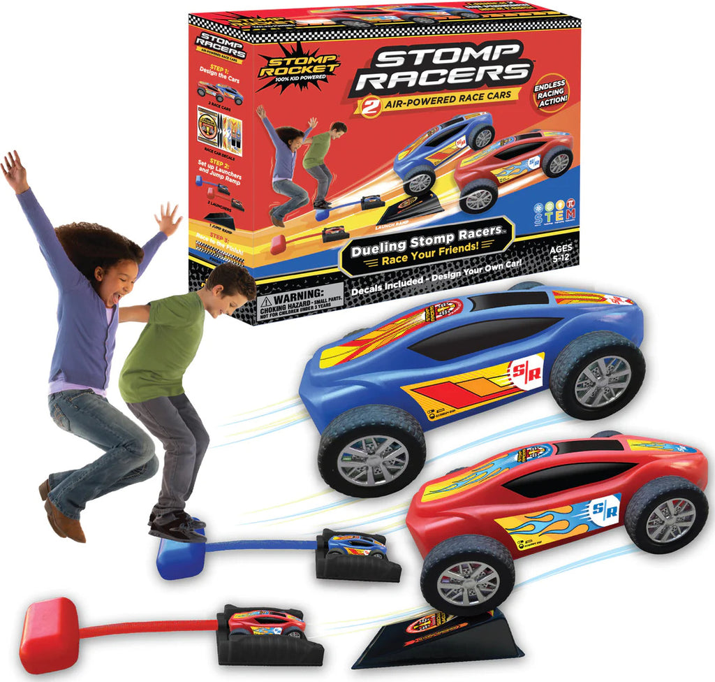 Dueling Stomp Racers with 2 air-powered cars and launchers for outdoor racing fun
