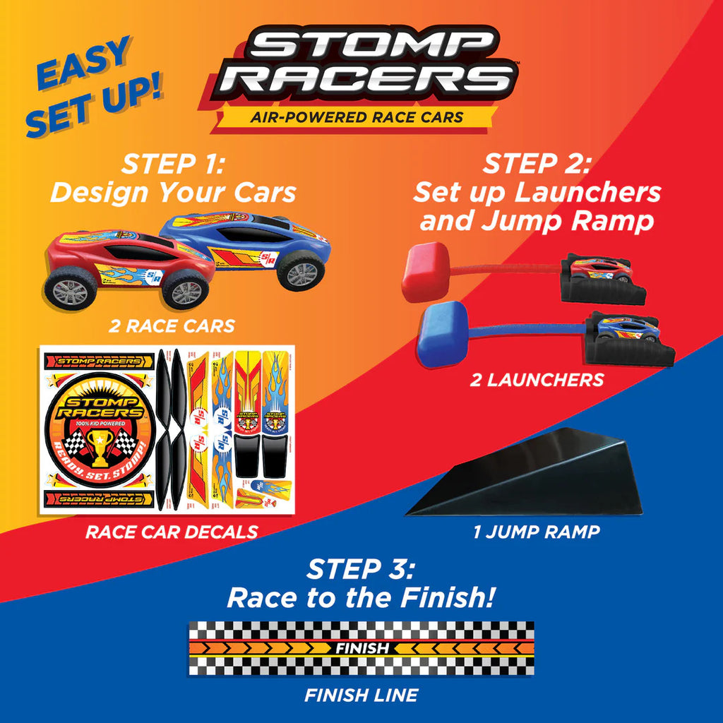 Dueling Stomp Racers with 2 air-powered cars and launchers for outdoor racing fun