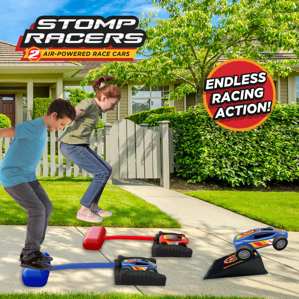 Dueling Stomp Racers with 2 air-powered cars and launchers for outdoor racing fun