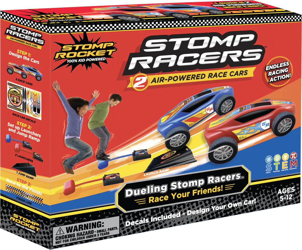 Dueling Stomp Racers with 2 air-powered cars and launchers for outdoor racing fun