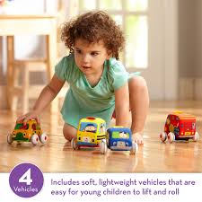 Melissa & Doug PullBack Vehicles set with four soft colorful cars and trucks for safe toddler racing fun