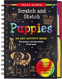 Puppies Scratch and Sketch activity book with adorable puppy scenes and trace-along designs for creative art fun