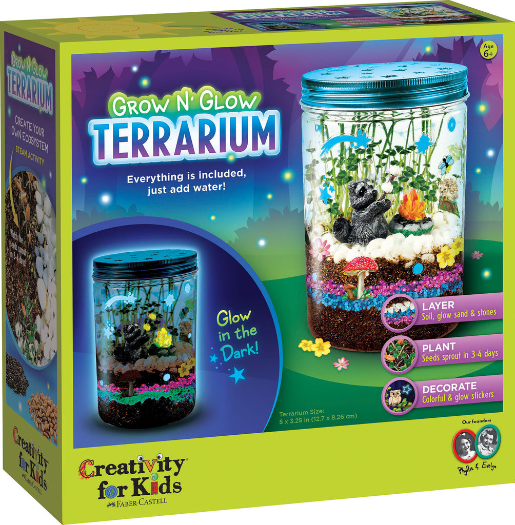 Creativity for Kids Grow N' Glow Terrarium with LED lights, seeds, soil, and decorative elements for plants