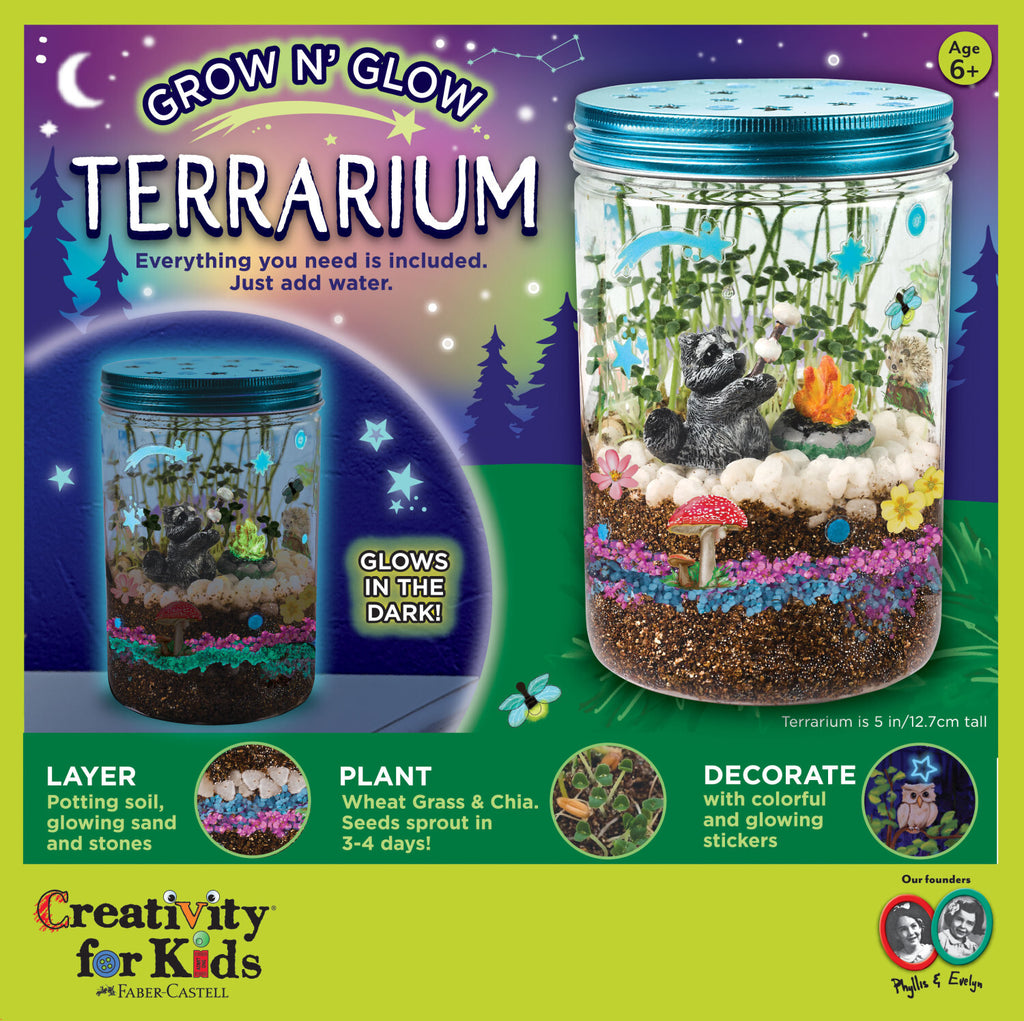Creativity for Kids Grow N' Glow Terrarium with LED lights, seeds, soil, and decorative elements for plants