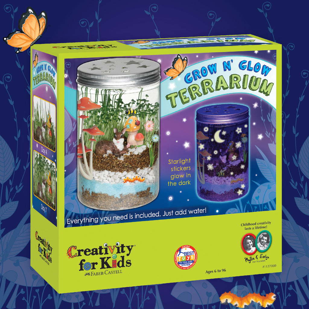 Creativity for Kids Grow N' Glow Terrarium with LED lights, seeds, soil, and decorative elements for plants