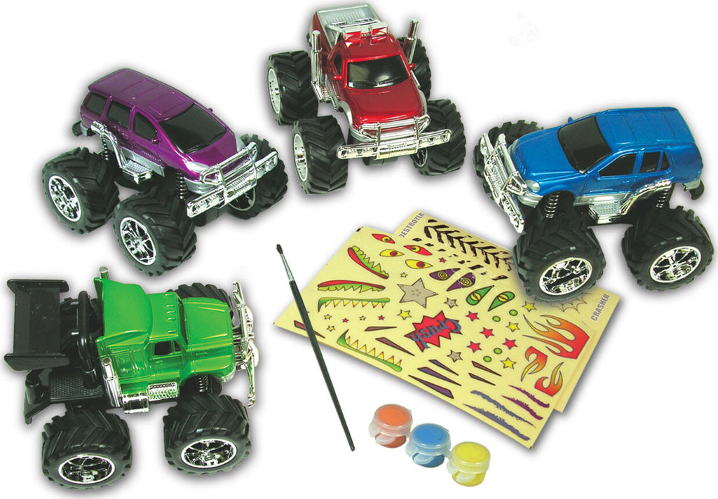 Monster Trucks Custom Shop - Creativity for Kids craft kit with four customizable monster trucks for decorating and personalizing