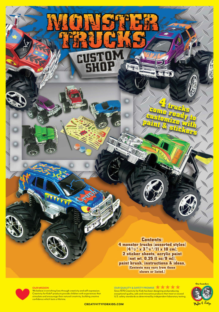 Monster Trucks Custom Shop - Creativity for Kids craft kit with four customizable monster trucks for decorating and personalizing