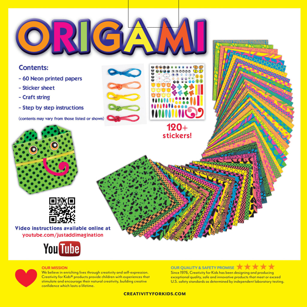 Creativity for Kids Origami kit with colorful patterned papers and step-by-step instruction book for paper folding
