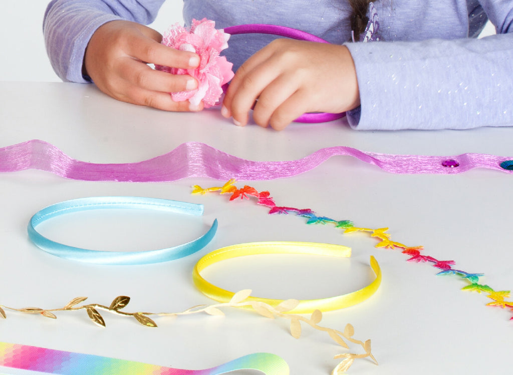 Creativity for Kids Fashion Headbands kit with plain headbands, fabric flowers, ribbons, and decorating supplies