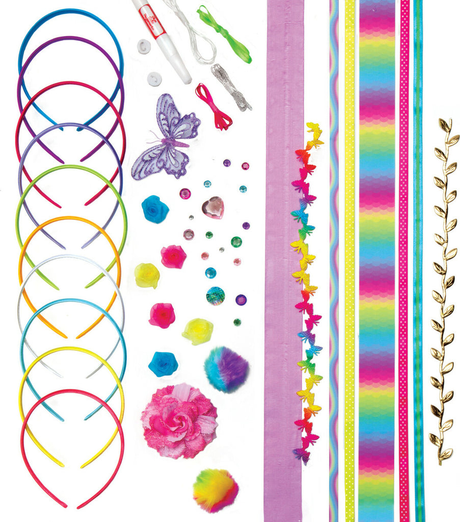 Creativity for Kids Fashion Headbands kit with plain headbands, fabric flowers, ribbons, and decorating supplies