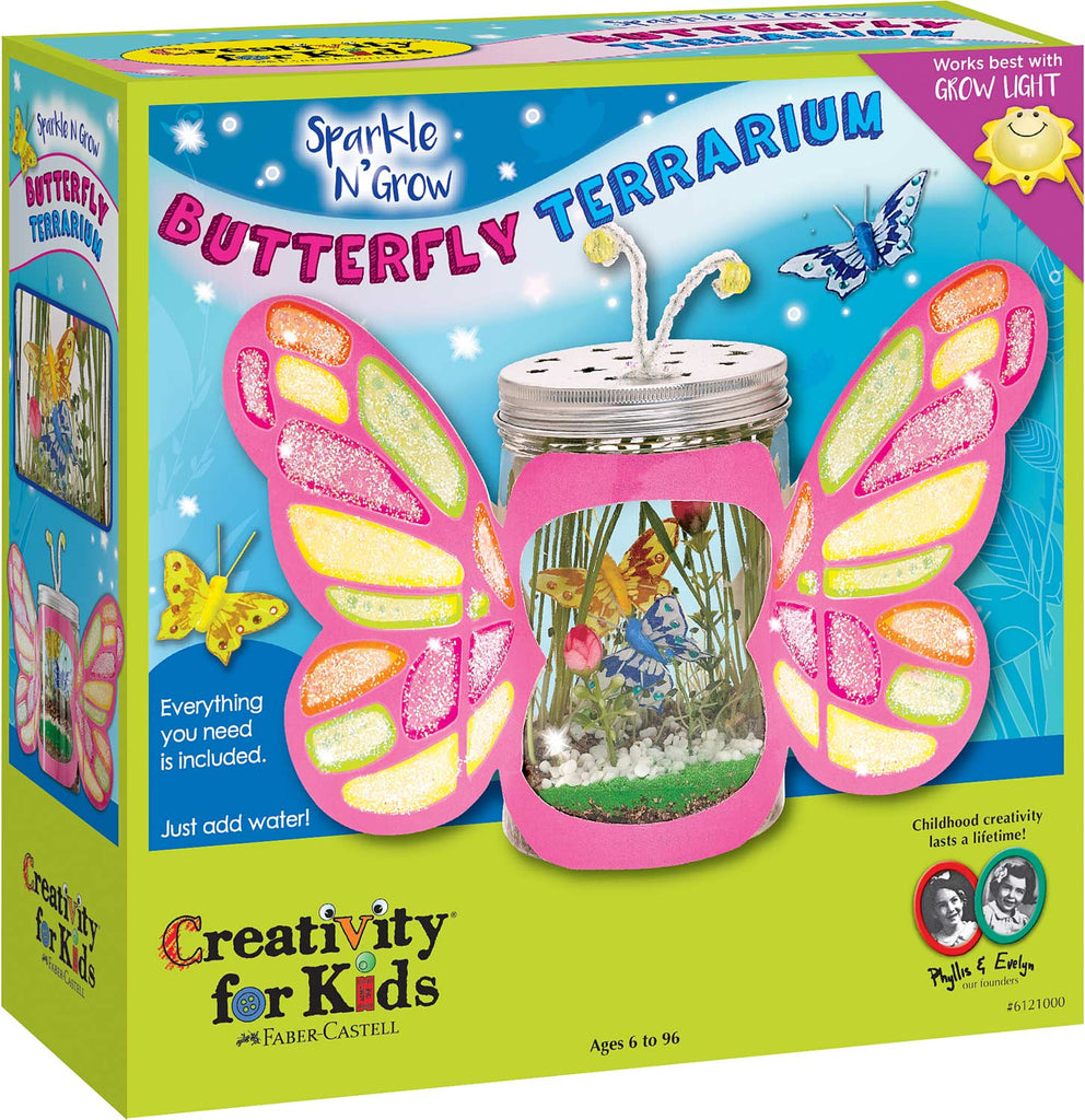 Creativity for Kids Sparkle N' Grow Butterfly Terrarium with plants, crystals, and butterfly decorations