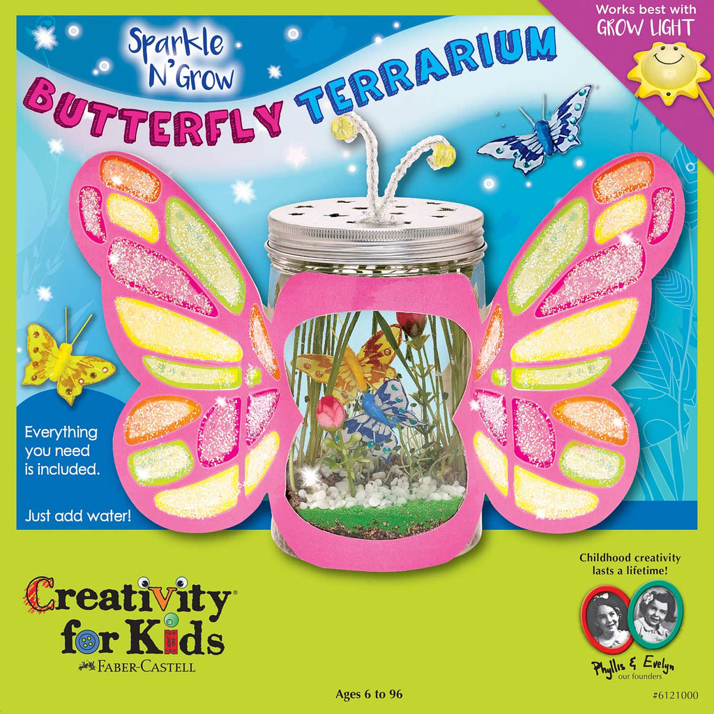 Creativity for Kids Sparkle N' Grow Butterfly Terrarium with plants, crystals, and butterfly decorations