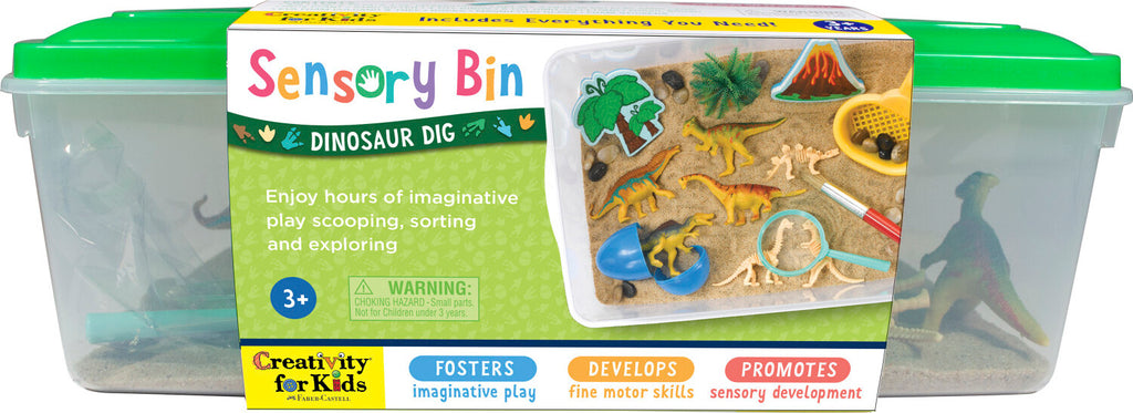 Creativity for Kids Sensory Bin Dinosaur Dig with kinetic sand, dinosaur fossils, and excavation tools