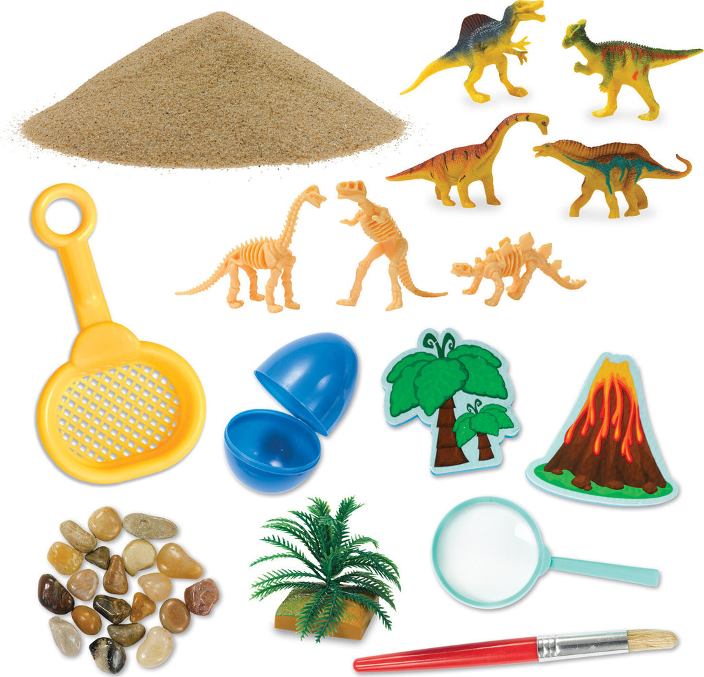 Creativity for Kids Sensory Bin Dinosaur Dig with kinetic sand, dinosaur fossils, and excavation tools