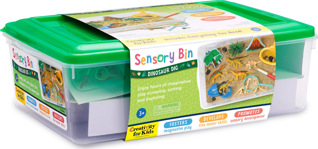 Creativity for Kids Sensory Bin Dinosaur Dig with kinetic sand, dinosaur fossils, and excavation tools