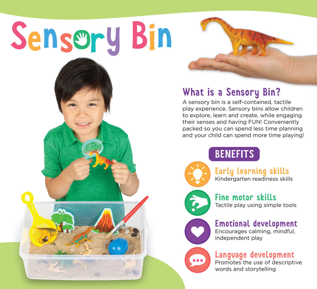 Creativity for Kids Sensory Bin Dinosaur Dig with kinetic sand, dinosaur fossils, and excavation tools