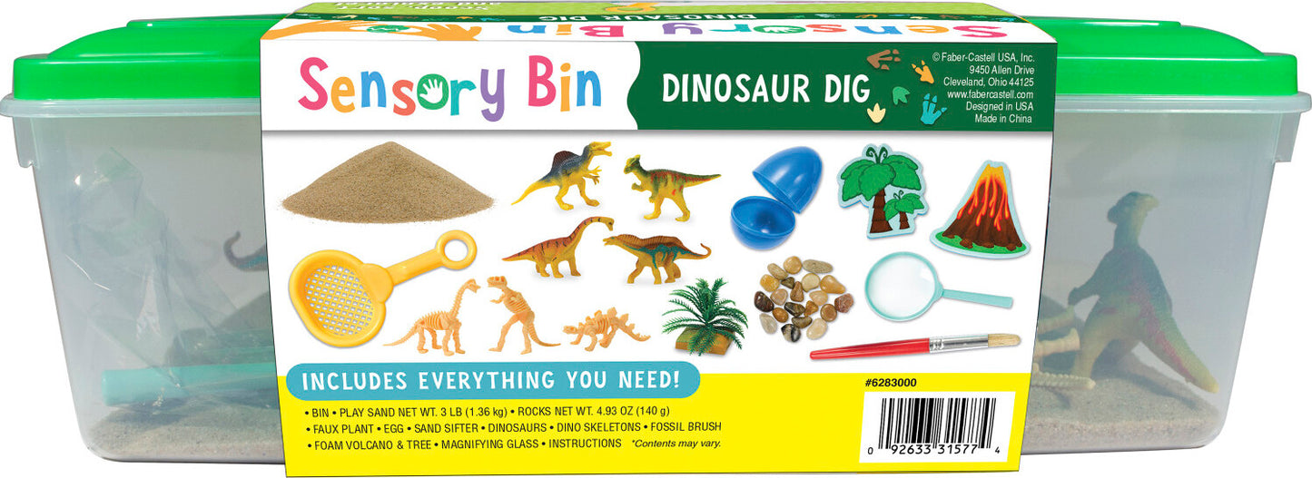 Creativity for Kids Sensory Bin Dinosaur Dig with kinetic sand, dinosaur fossils, and excavation tools