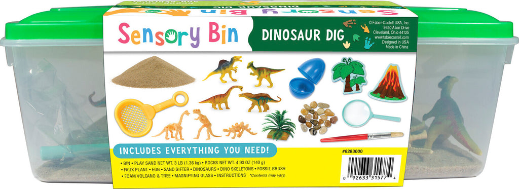 Creativity for Kids Sensory Bin Dinosaur Dig with kinetic sand, dinosaur fossils, and excavation tools