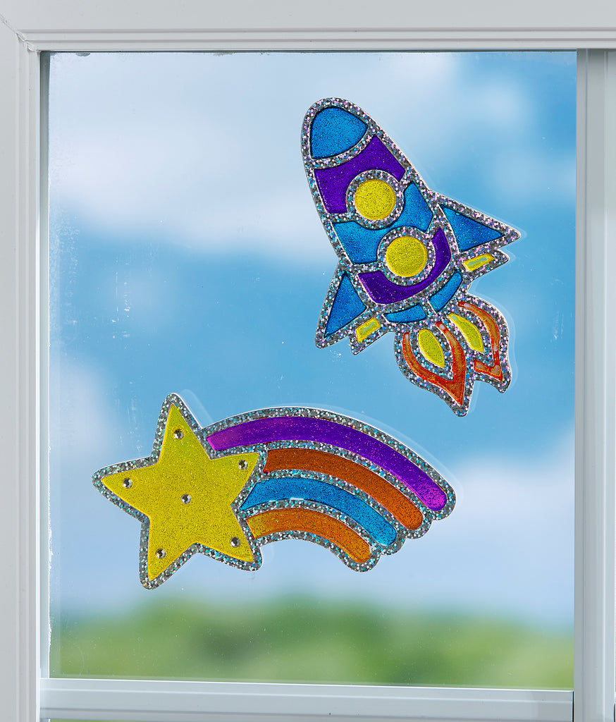 Creativity for Kids Window Art Outer Space with gel clings featuring planets, rockets, and space themes