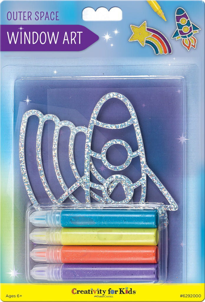 Creativity for Kids Window Art Outer Space with gel clings featuring planets, rockets, and space themes