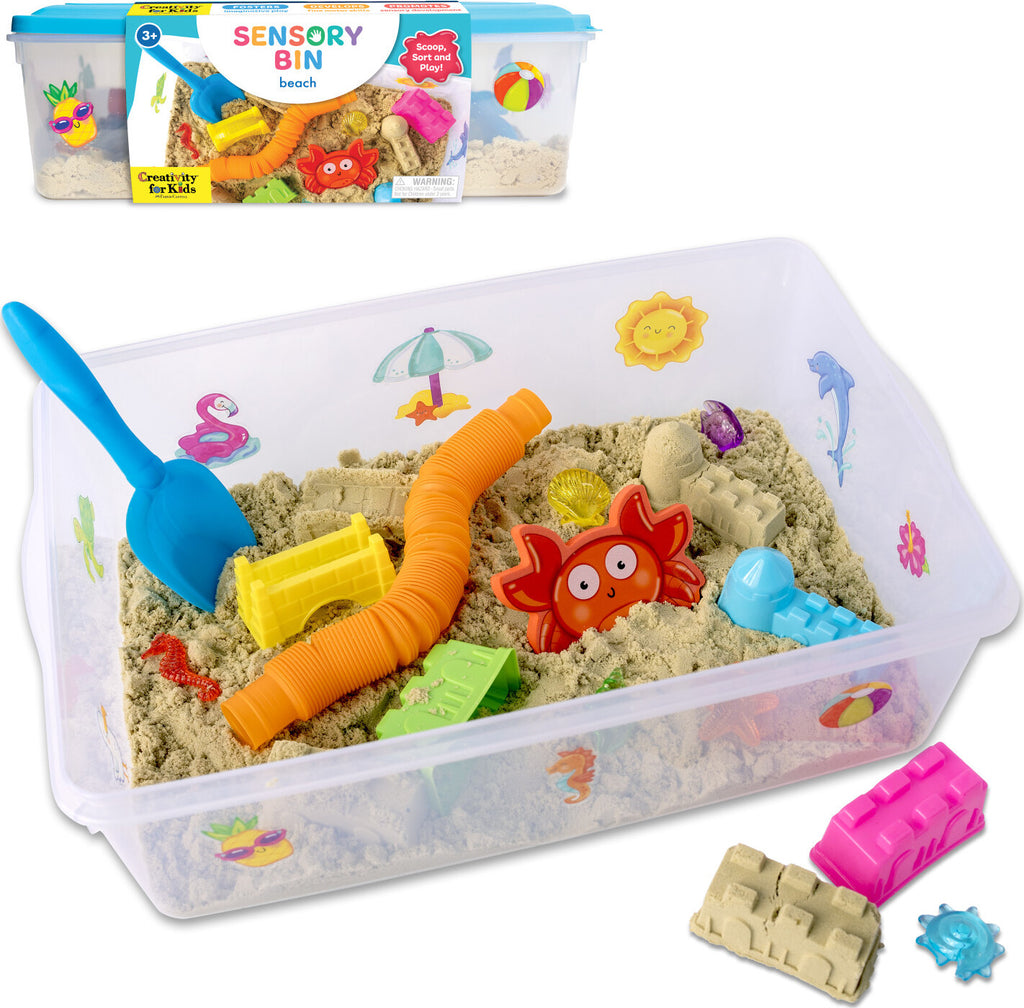 Creativity for Kids Sensory Bin Beach with kinetic sand, beach toys, shells, and summer accessories