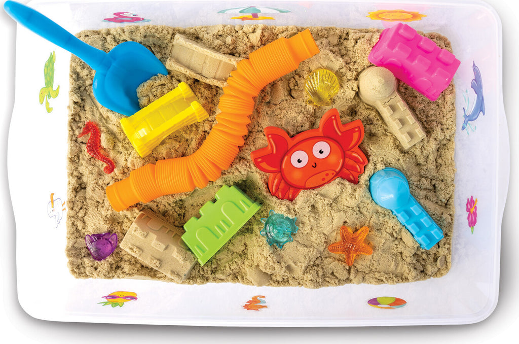 Creativity for Kids Sensory Bin Beach with kinetic sand, beach toys, shells, and summer accessories