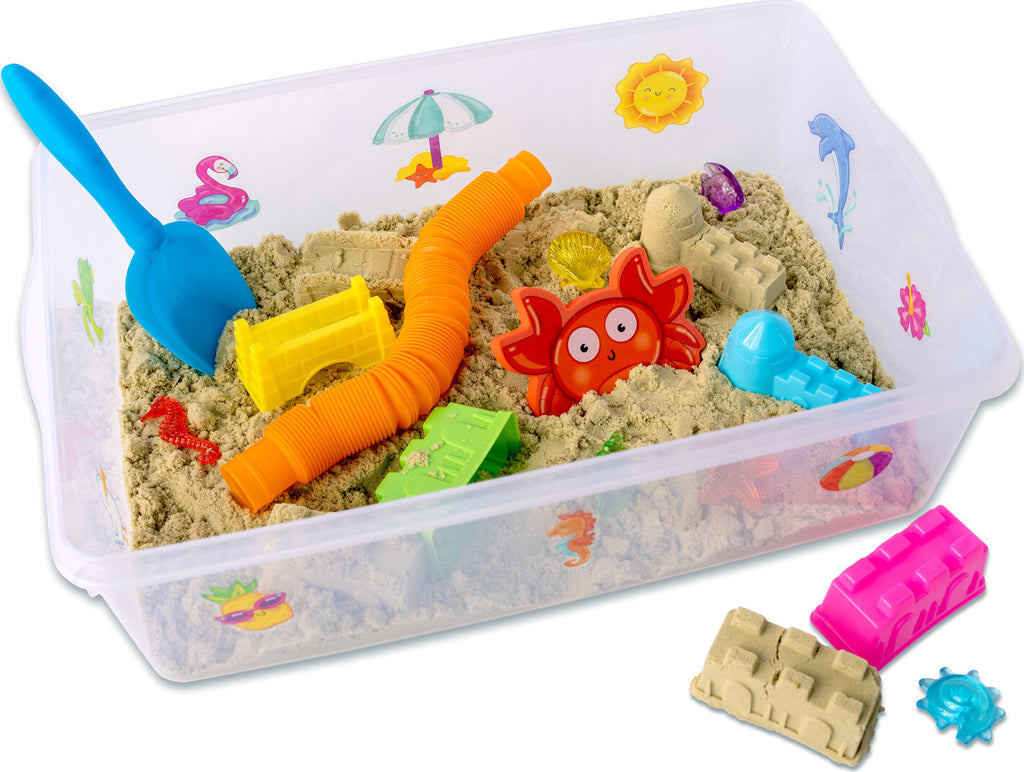 Creativity for Kids Sensory Bin Beach with kinetic sand, beach toys, shells, and summer accessories