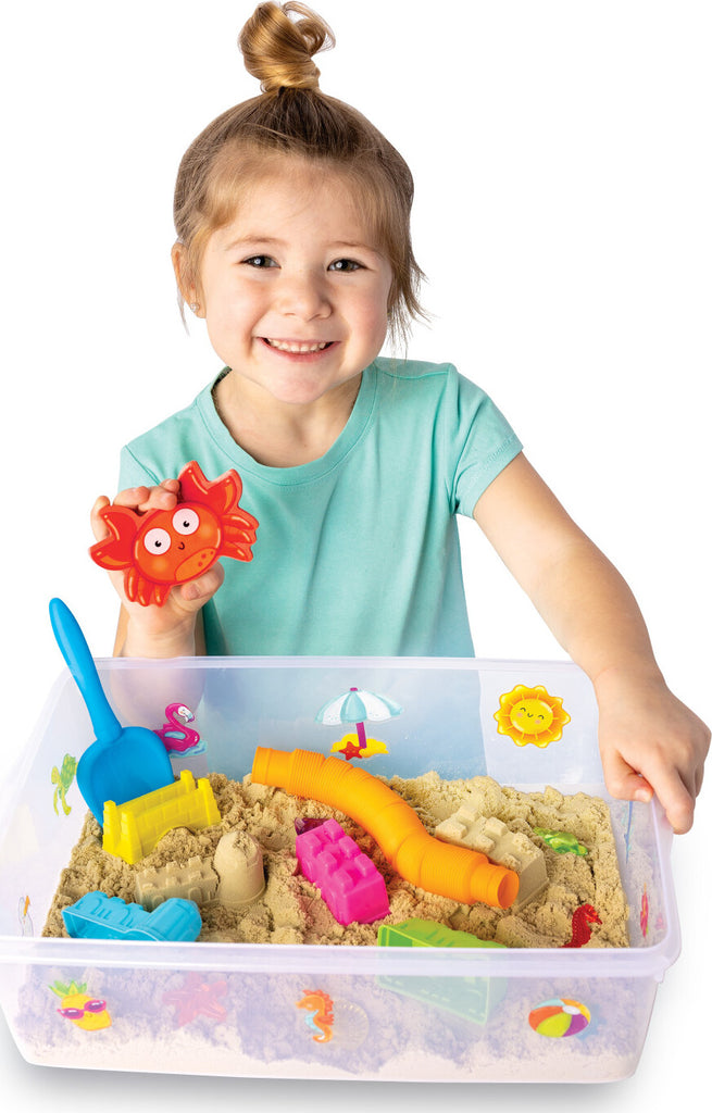 Creativity for Kids Sensory Bin Beach with kinetic sand, beach toys, shells, and summer accessories