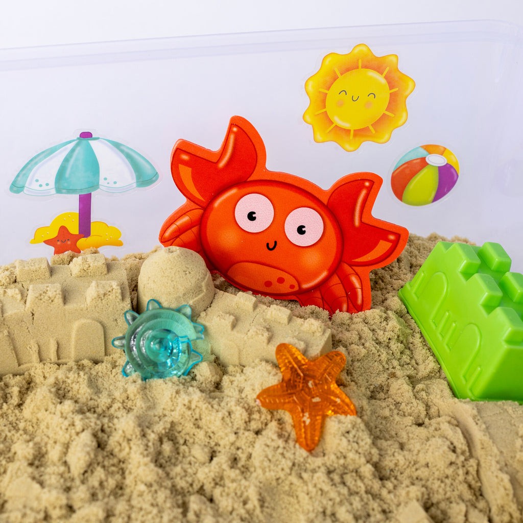 Creativity for Kids Sensory Bin Beach with kinetic sand, beach toys, shells, and summer accessories