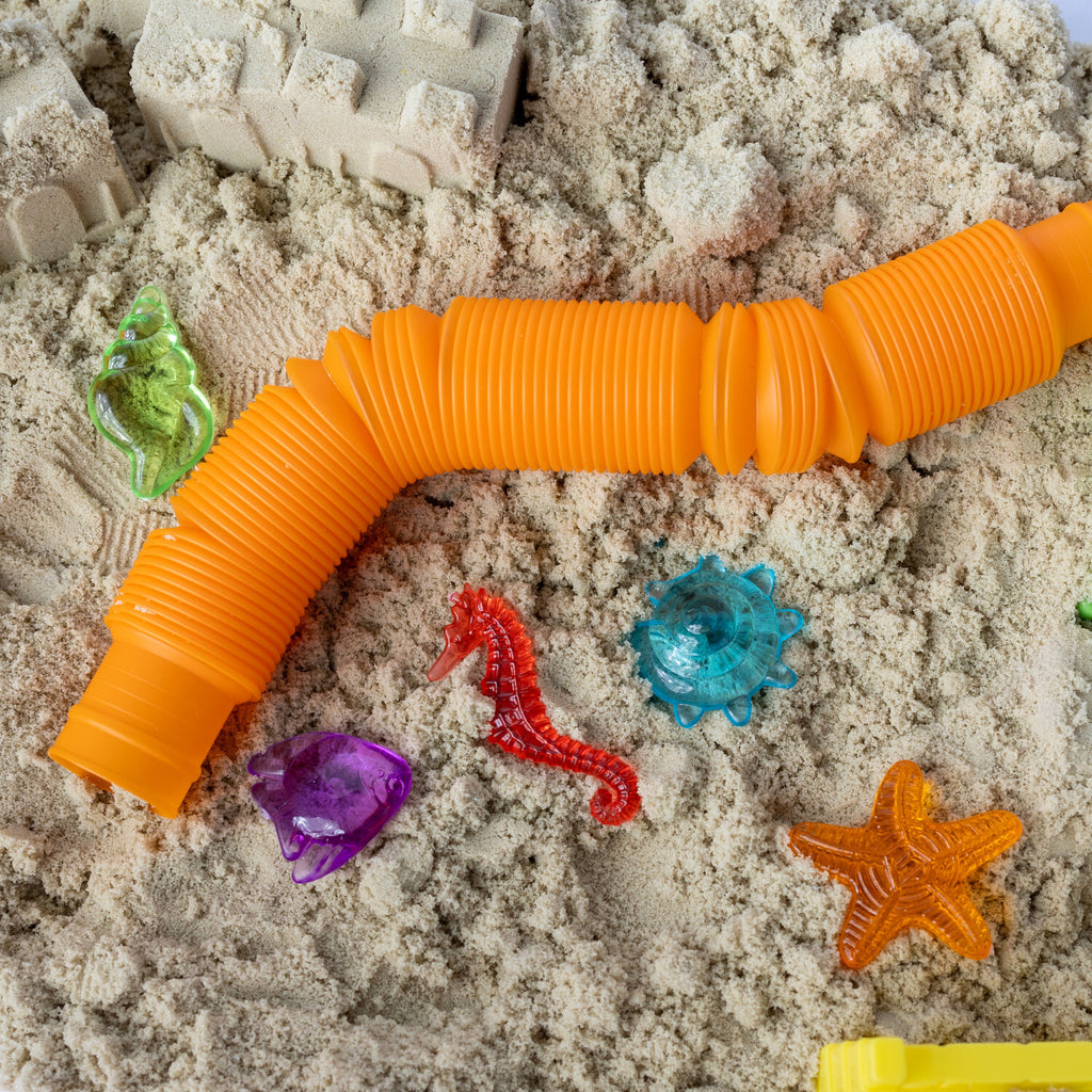 Creativity for Kids Sensory Bin Beach with kinetic sand, beach toys, shells, and summer accessories