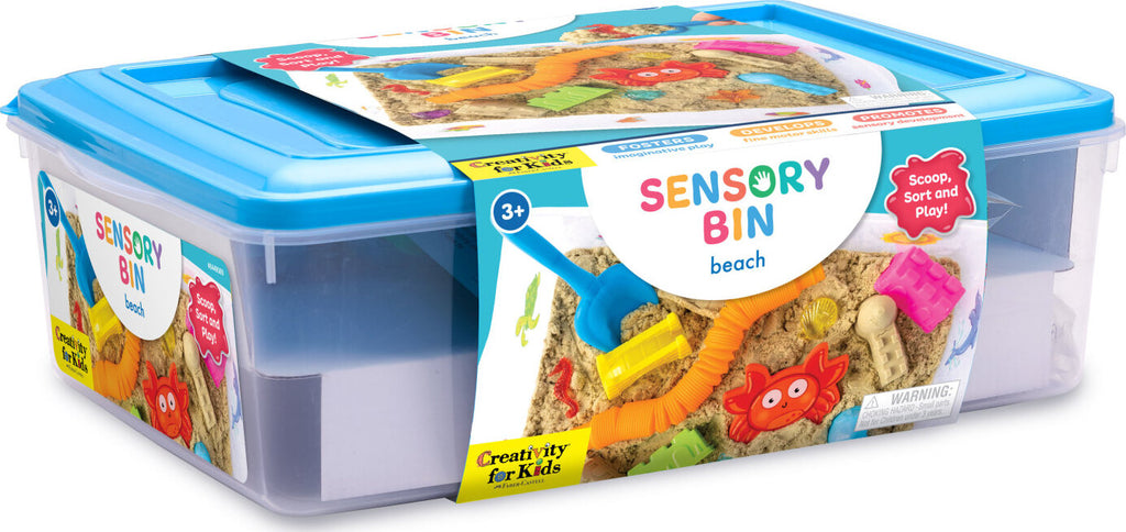 Creativity for Kids Sensory Bin Beach with kinetic sand, beach toys, shells, and summer accessories