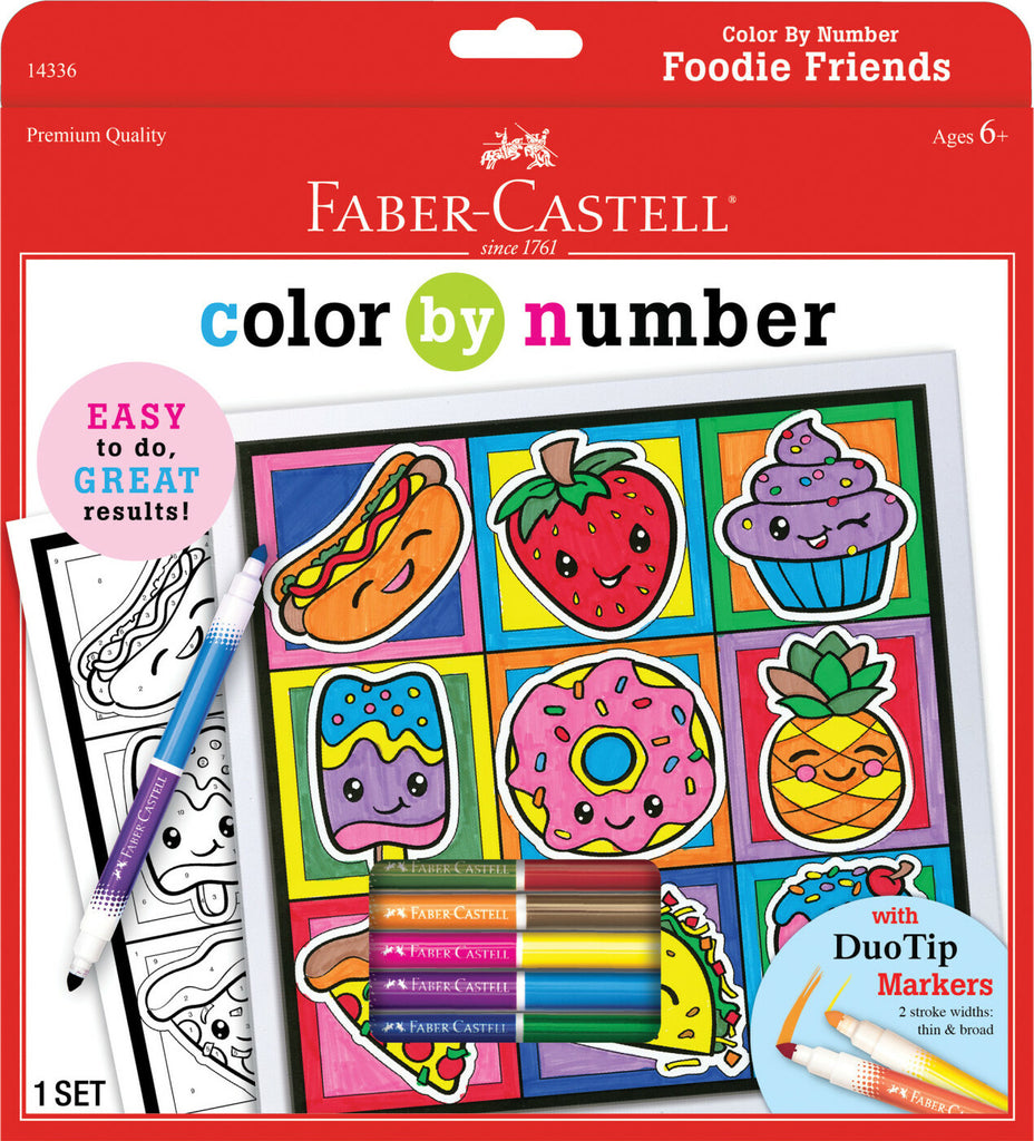 Faber-Castell Color by Number Foodie Friends with cute food character designs and numbered coloring system