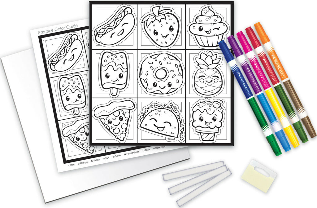 Faber-Castell Color by Number Foodie Friends with cute food character designs and numbered coloring system