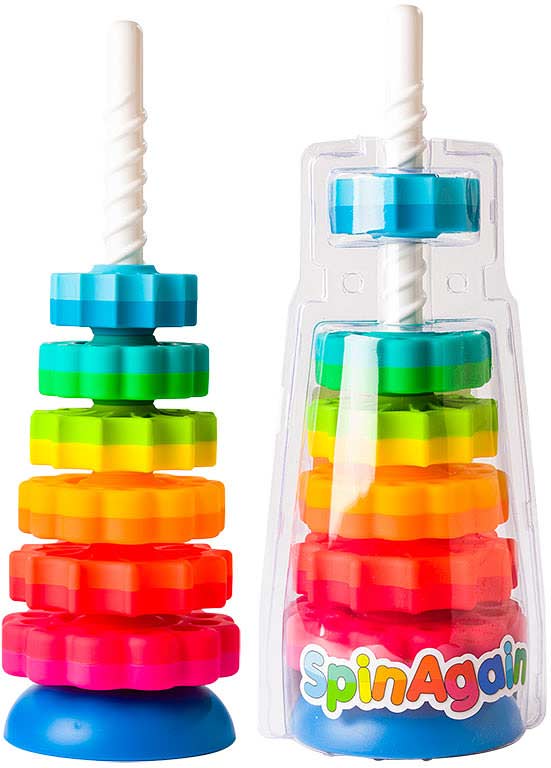 SpinAgain stacking and spinning toy with colorful discs for baby and toddler motor skill development
