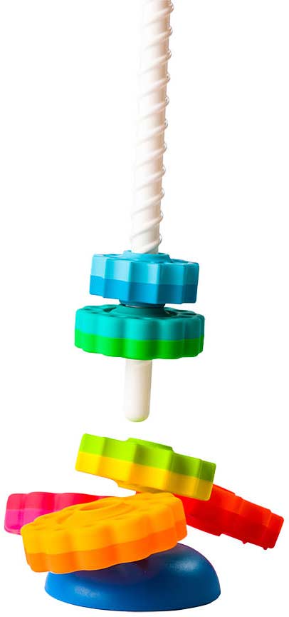 SpinAgain stacking and spinning toy with colorful discs for baby and toddler motor skill development
