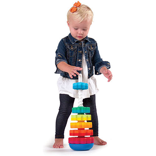 SpinAgain stacking and spinning toy with colorful discs for baby and toddler motor skill development