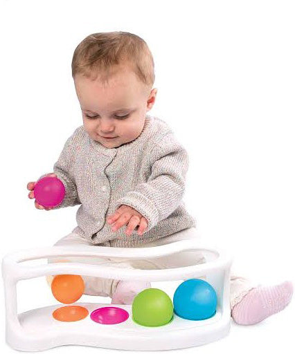 Fat Brain Toys RollAgain Sorter with colorful balls that roll through ramps and sorting chambers