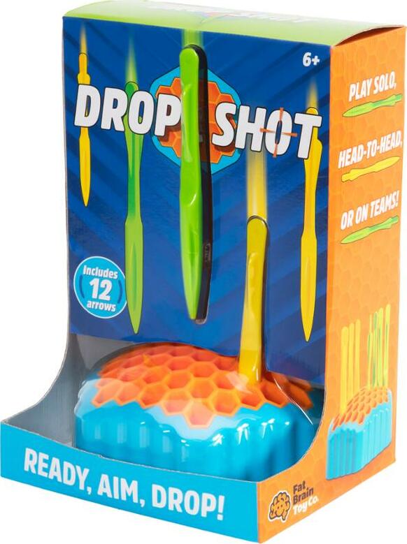 Drop Shot gravity-based skill game by Fat Brain Toys with honeycomb board and colorful arrows for ages 8 and up
