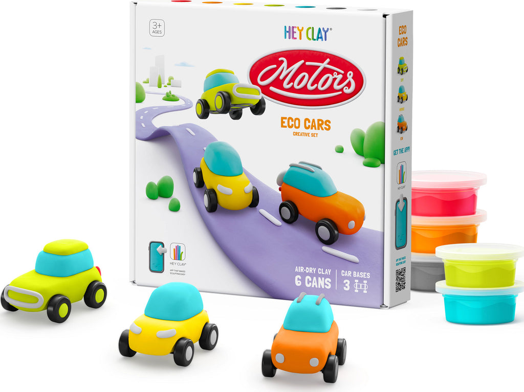 Hey Clay Eco Cars kit with colorful modeling clay and app-guided instructions for making vehicles