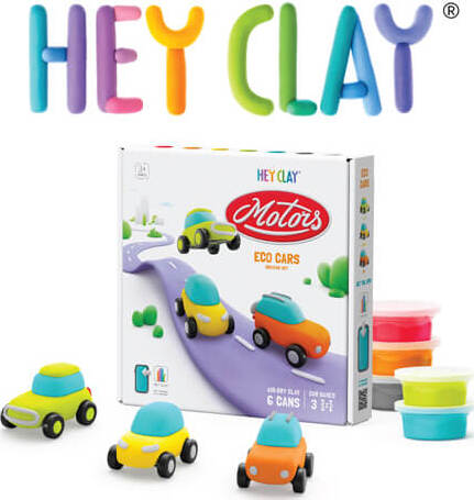 Hey Clay Eco Cars kit with colorful modeling clay and app-guided instructions for making vehicles