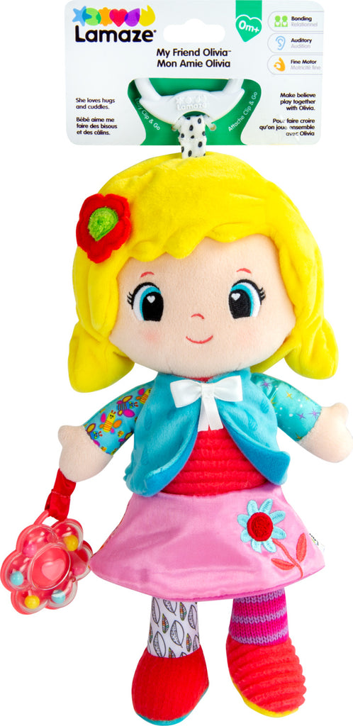 Lamaze My Friend Olivia plush sensory doll with crinkly textures and clip attachment for babies
