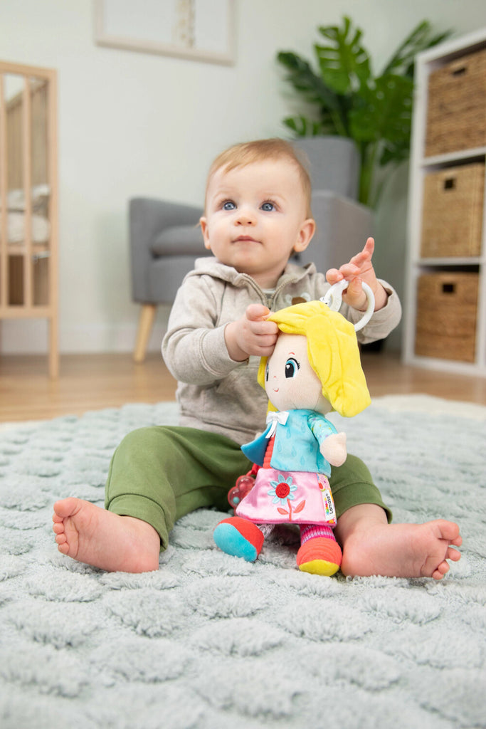Lamaze My Friend Olivia plush sensory doll with crinkly textures and clip attachment for babies