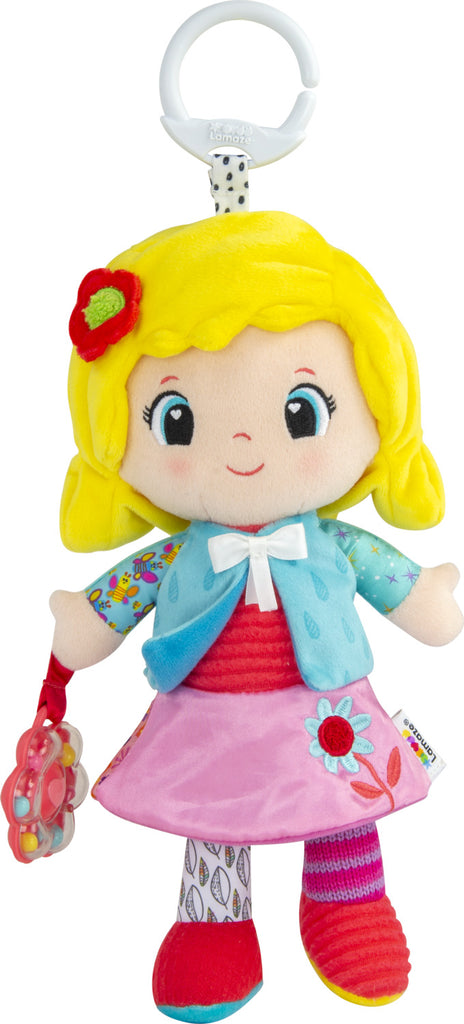 Lamaze My Friend Olivia plush sensory doll with crinkly textures and clip attachment for babies