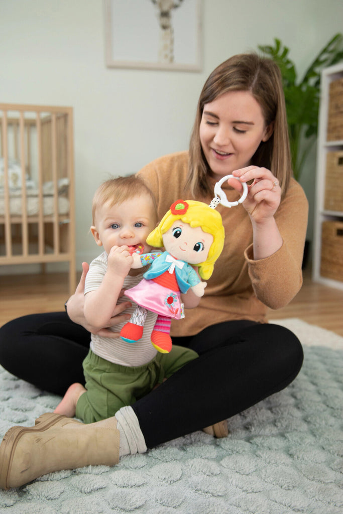 Lamaze My Friend Olivia plush sensory doll with crinkly textures and clip attachment for babies